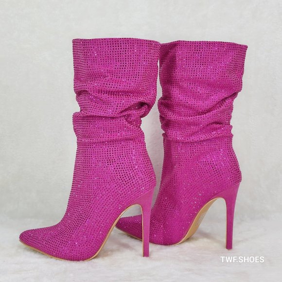 Resolve Sparkling Pink Rhinestone High Heel Slouch Calf Boots New Years Bling - Picture 4 of 15